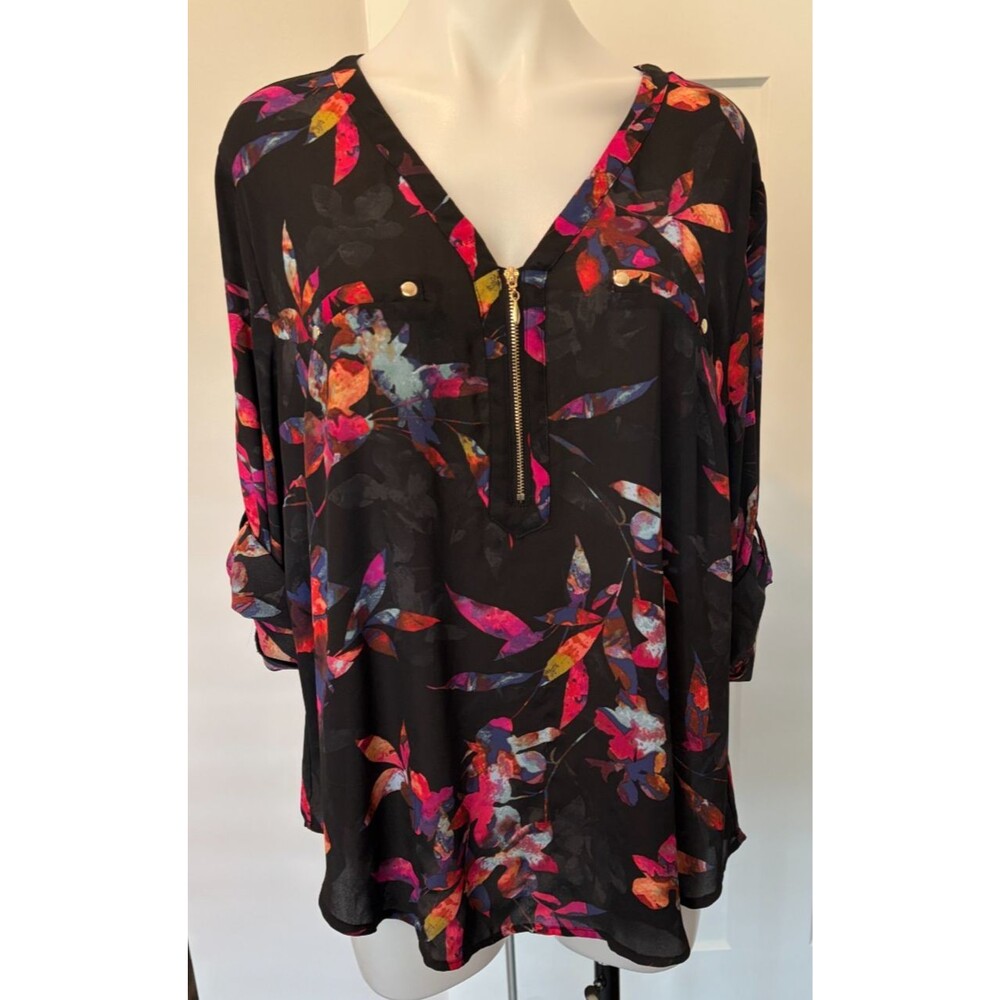 TORRID Womens Harper Zip TOP 3/4 Sleeve BLACK Pink Blue Pockets Sz 1 (1X 14/16)